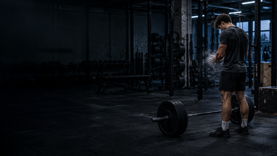 Sporter met krijt aan zijn handen naast een barbell