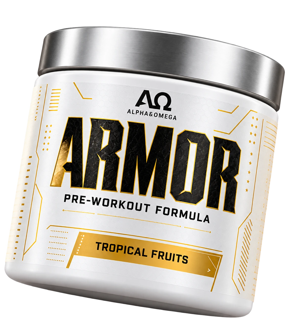ARMOR pre-workout, Tropical Fruits: witte pot met zilveren deksel en goudkleurig etiket