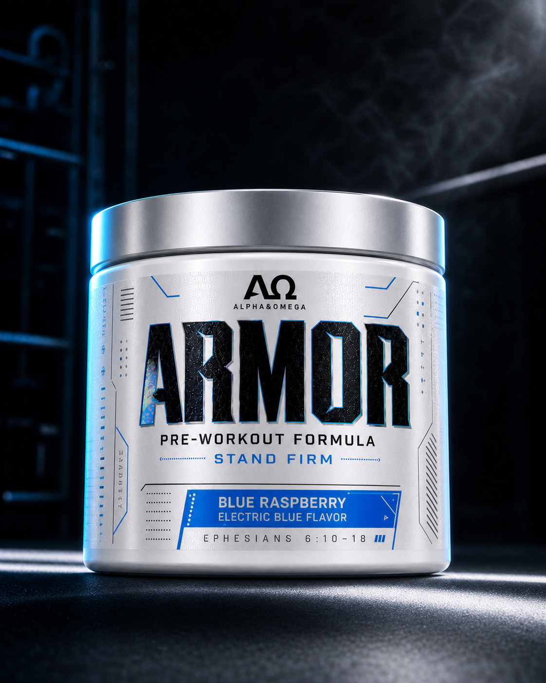 Pot Alpha & Omega pre-workout in een donkere gym